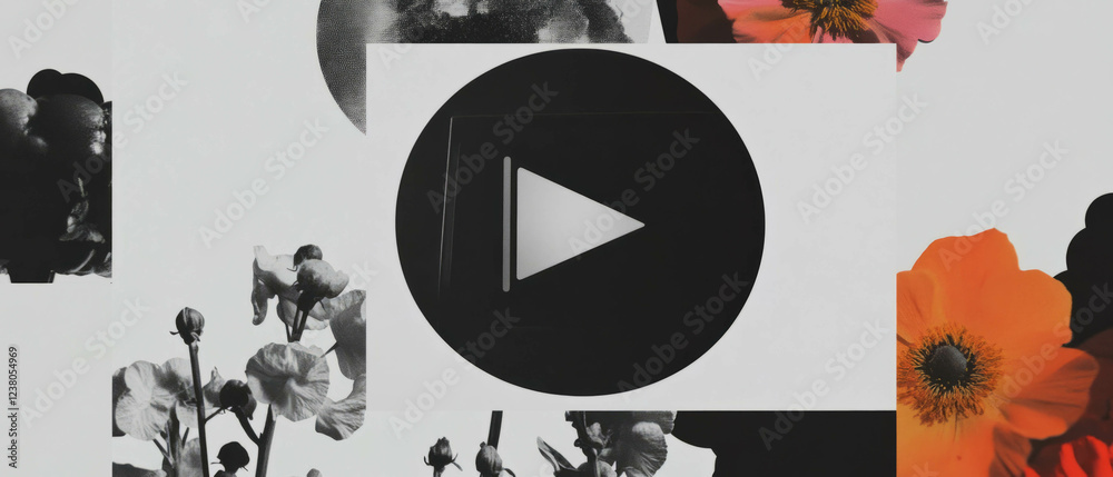 Poster minimalist collage featuring geometric shapes and flowers with a digital audio player play button
