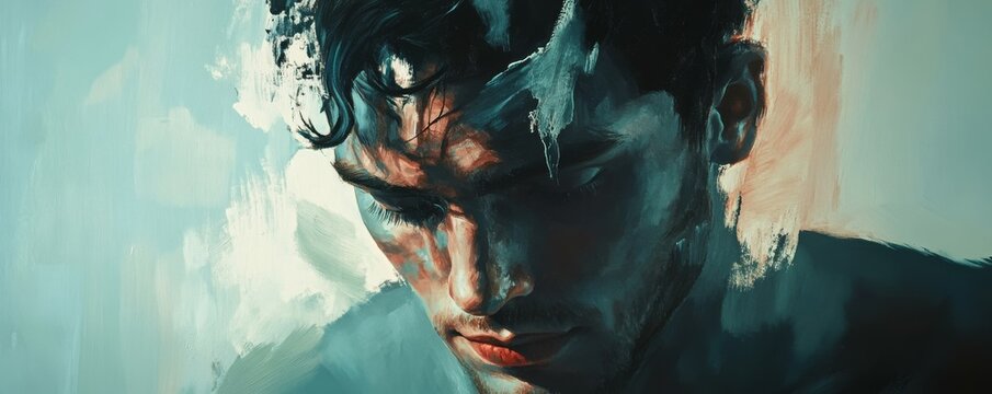 The figure appears contemplative amidst swirling abstract colors and shadows.