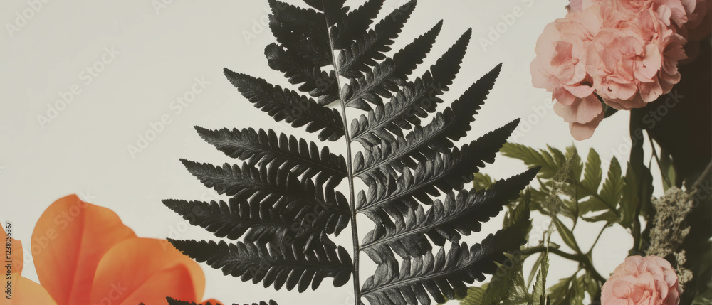 Aufkleber minimalist collage displaying a fern leaf with geometric shapes and blossoms on a white background