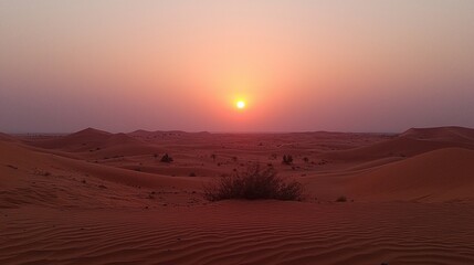 Fototapeta premium Golden sand dunes stretch far and wide beneath a breathtaking sunset, as the sun sinks slowly on the horizon, painting the sky with hues of orange and purple. Peace and stillness envelop the scene