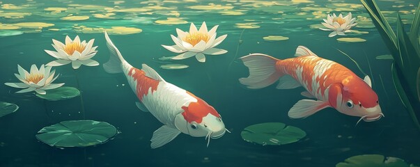 Naklejka premium Koi fish swimming peacefully among water lilies in a tranquil pond setting