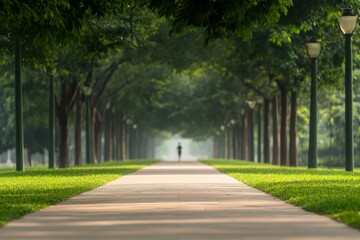 Serenity Urban Walkway Tree-Lined Pathway in Morning Light with Jogger - Promoting Eco-Friendly Tourism and Wellness through Urban Placemaking and Green Infrastructure
