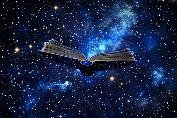 A book floats in space with a distant planet surrounded by stars, symbolizing knowledge and exploration in the universe