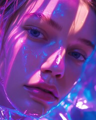 Close-Up Portrait with Vibrant Neon Lights in the City at Night