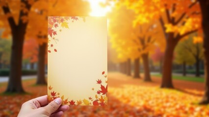 Flyer in Hand Mockup, Autumn park scene with a flyer featuring fall designs held clearly.