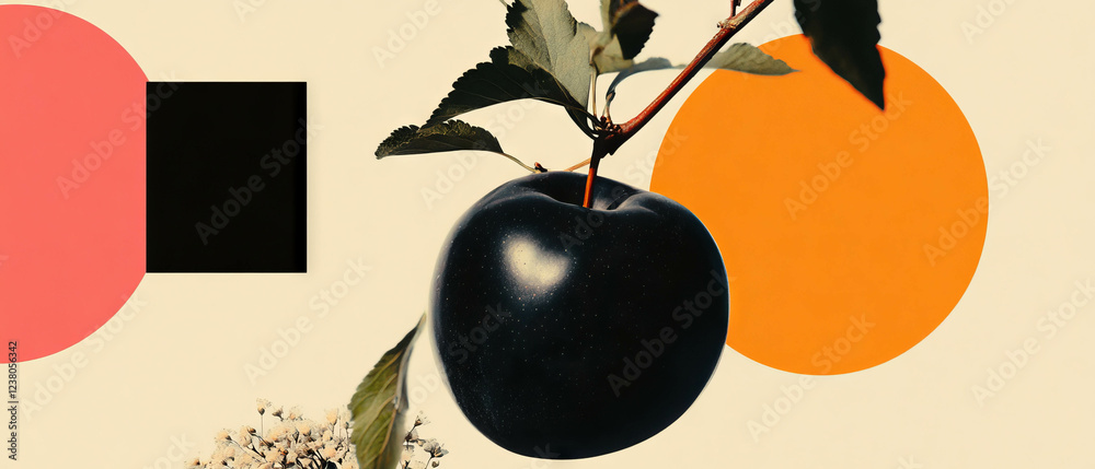 Poster minimalist collage featuring geometric shapes and a whole plum with a branch on white background