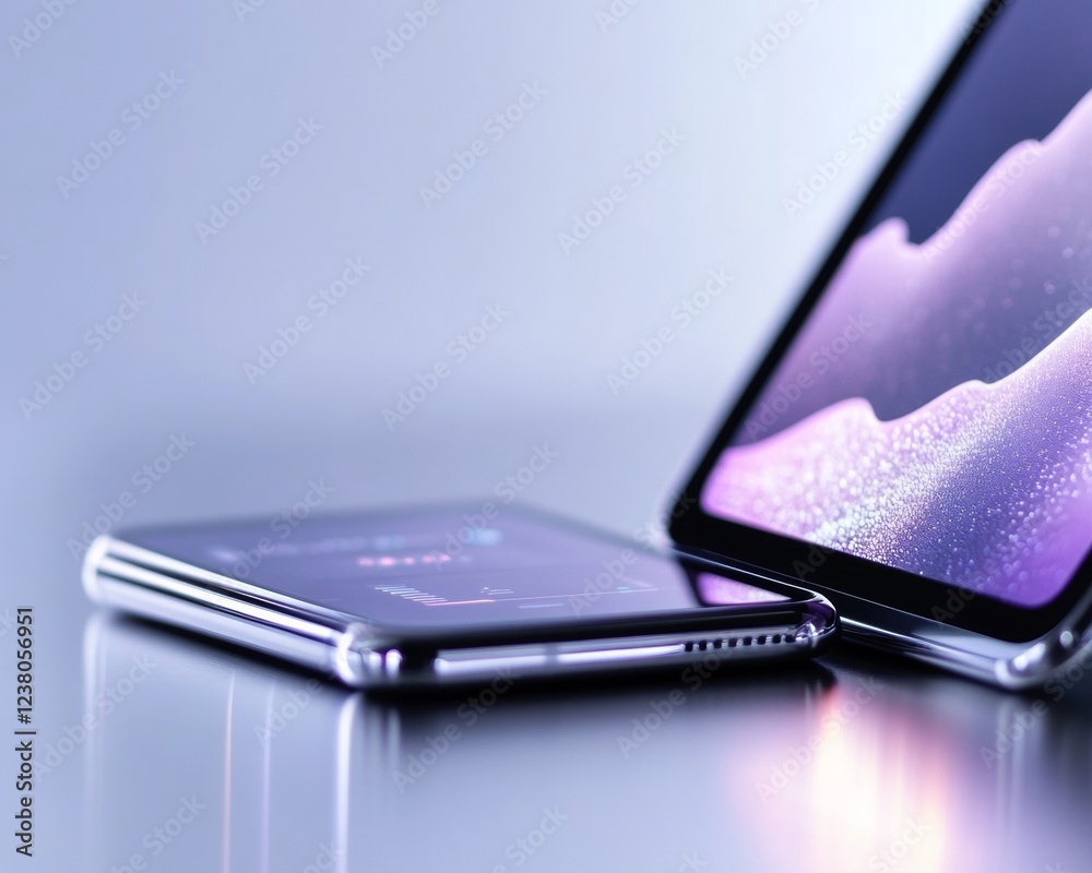 Poster Minimalist Digital Currency Display Sleek Smartphone and Tablet with Wallet Interfaces on Metallic Gradient - Fintech Efficiency and Modern Payment Solutions