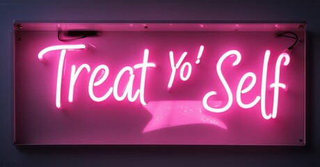 Neon sign reading Treat Yo Self flashing in vibrant pink bright, set against a dark background, creating a fun, playful ambiance with an energetic and indulgent vibe