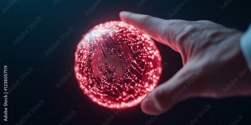 Aufkleber Cybernetic Interaction Human Hand Engaging with Holographic Red Globe and Circuitry - Cutting-edge IT Visualization for Secure Cloud Solutions and Global Digital Connectivity