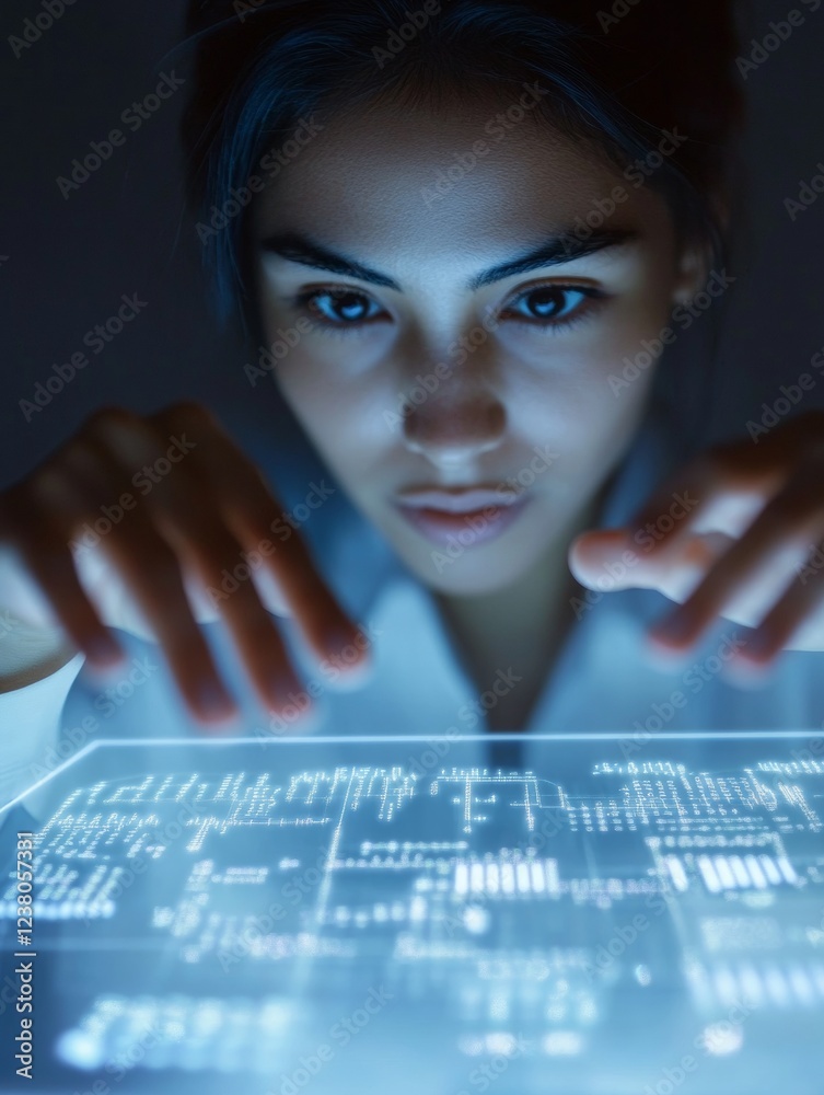 Leinwandbilder interactive holographic display latina woman engaging with neon-lit floating data - business innovat