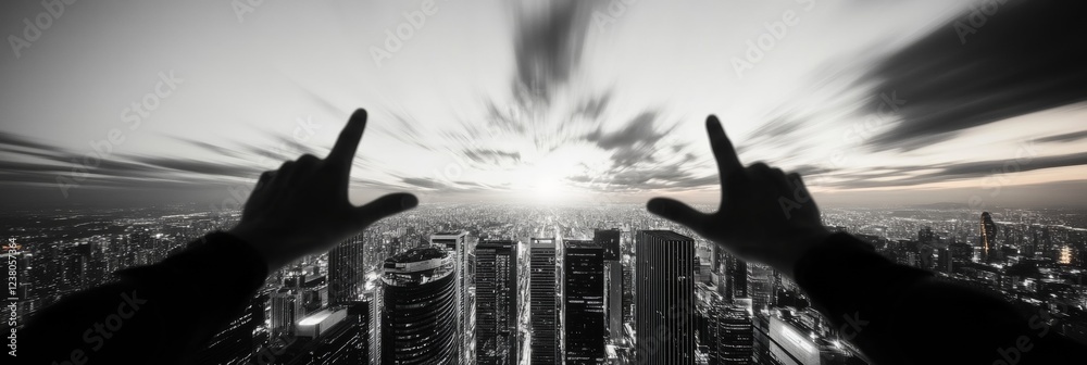 Poster Monochrome Futuristic Cityscape Visualization Dynamic Skyscraper Network Grid in Urban Digital Transformation - Smart Infrastructure Innovation for Modern Business Environments