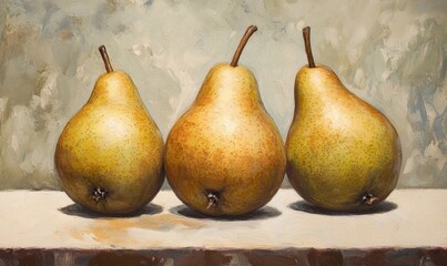 Three ripe pears sit on a wooden table together.