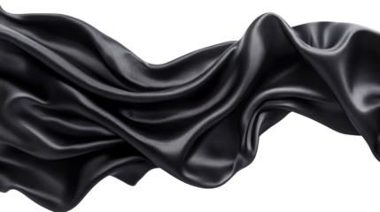 Flowing black silk fabric on transparent background
