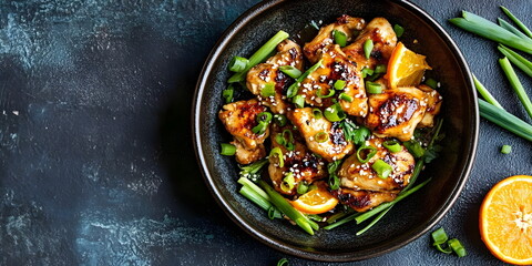 Fresh wok of chinese chicken with spring onions isolated on a gray background