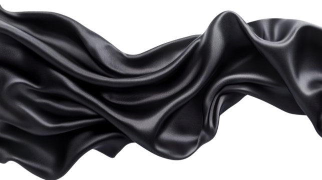 Flowing black silk fabric on transparent background