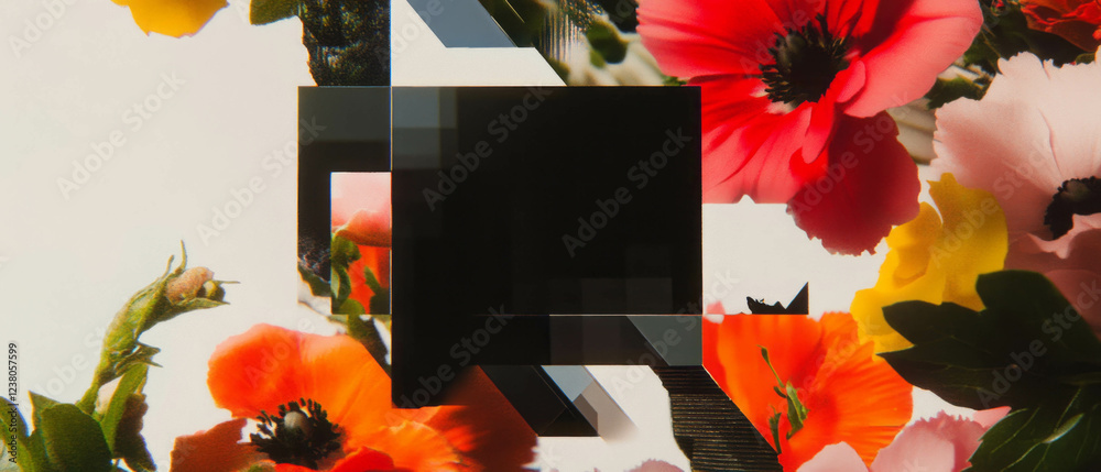 Aufkleber minimalist collage featuring geometric shapes and floral elements with a pixelated shield