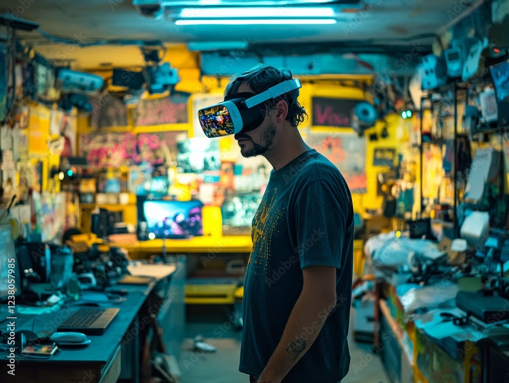Aufkleber Industrial VR Workspace Aesthetic Young Male Developer in Dim Studio with Virtual Reality Setup - Future Tech Interiors and Immersive Design Innovation