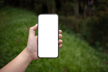 Smart phone mockup. Women hands holding cell telephone blank copy space screen smartphone blank white screen isolated technology concept.
