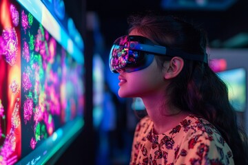 Immersive Tech in Education South Asian Teen Girl in VR Glasses Engaging with Holographic Science Lab - Interactive Learning Tools for Modern Classrooms