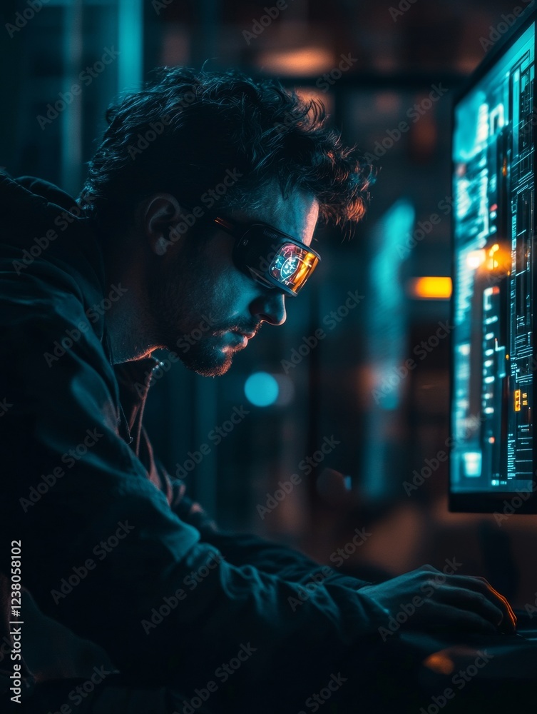 Poster Cyber Noir Workspace Man with AR Glasses in Dimly Lit Room Navigating Holographic Interface - Immersive Tech for Modern Business and Interactive User Experience