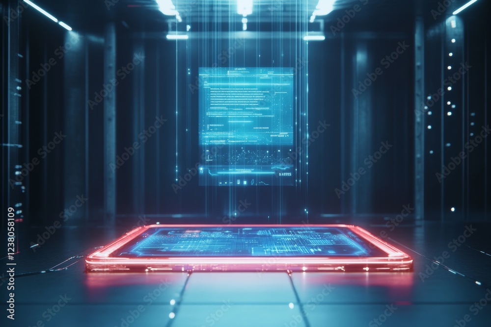 Poster Futuristic Holographic VR Interface Sleek Neon Display in Dark Room - Transforming Digital Workspaces and Business Presentations with Interactive Tech