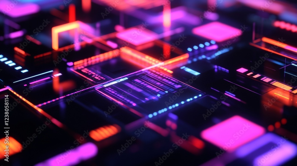 Poster futuristic digital workspace holographic neon icons on sleek minimalist background - enhancing creat