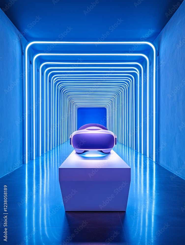 Poster futuristic tech-savvy workspace vr glasses on sleek modern table with ambient blue led strips - inno
