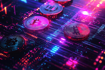 Futuristic book cover with coins and banknotes intertwined with glowing icons on a cyberpunk digital grid in neon blue and purple, leaving one third for text. Generative AI