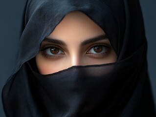 Naklejka premium Close-up of a woman's eyes, partially covered by a black hijab, conveying mystery and elegance, against a dark backdrop.
