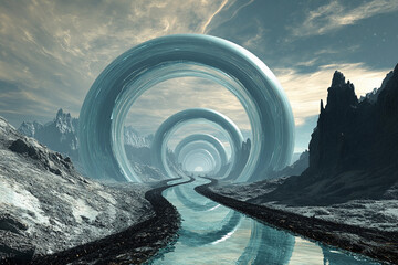 Cosmic journey through swirling portals in an otherworldly landscape filled with mountains and a winding path under a starry sky