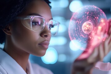 Naklejka premium Futuristic Holographic Interface Black Female Engineer in Neon Lab Exploring Solar System Model - Cutting-Edge Visualization for STEM Innovation and Tech Design