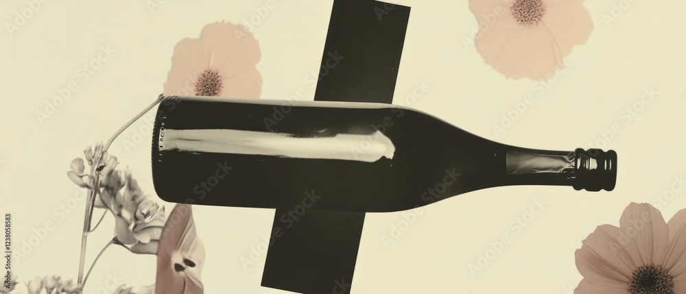 Poster minimalist collage featuring an empty champagne bottle on a simple white background