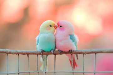 Two vibrantly colored parakeets sit closely on a perch, displaying affection against a soft, pastel...