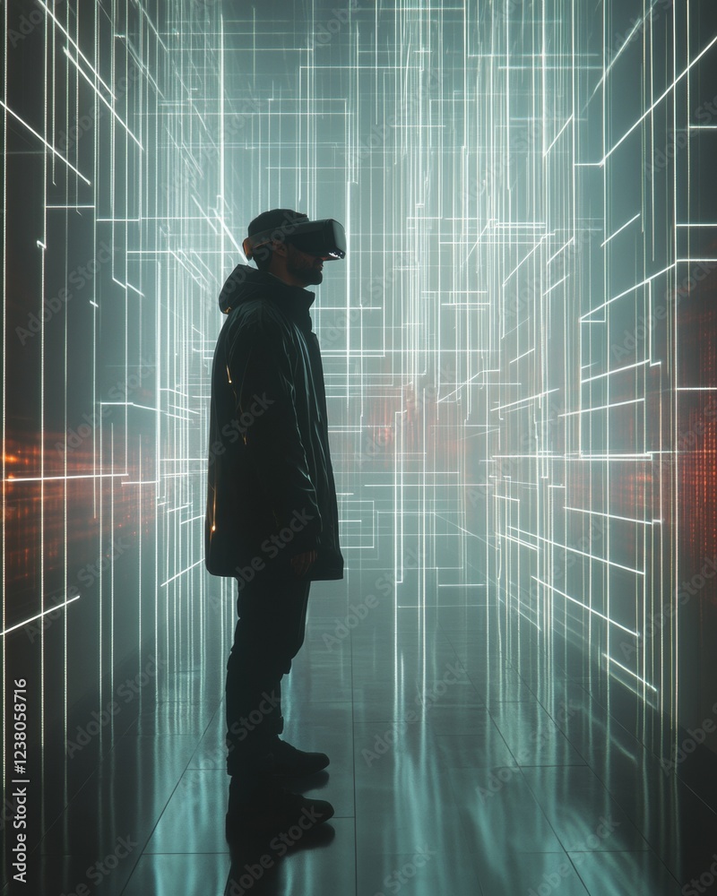 Poster immersive digital virtual reality hispanic man in high-tech led room navigating futuristic landscape