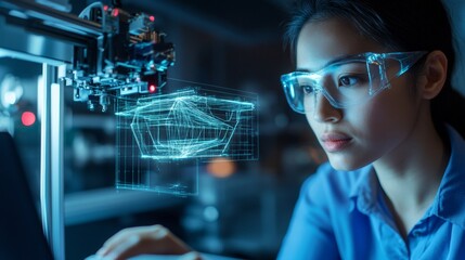 Holographic Printing Trend East Asian Professional Woman in Smart Office Creating Futuristic Architectural Models - Innovative Design and Technology for Modern Architectural Solutions