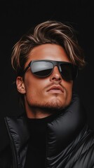 Obraz premium Confident man in sleek sunglasses and a warm jacket, exuding modern fashion and style with a moody background.