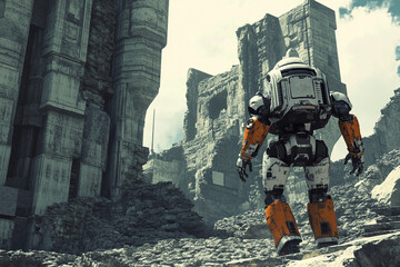 Robot explores ancient ruins on a distant planet under a starry sky with multiple moons