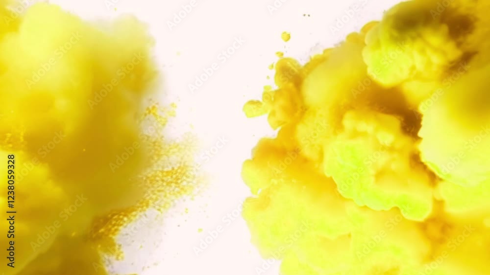 Aufkleber A yellow cloud explodes with dynamic motion in animation on a white background, scattering particles through the air
