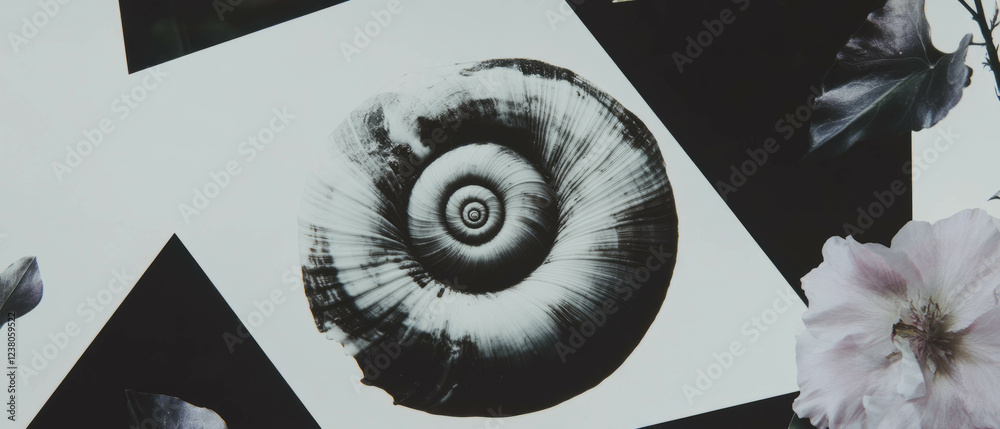 Poster minimalist collage of seashell with spiral pattern and floral elements on white background