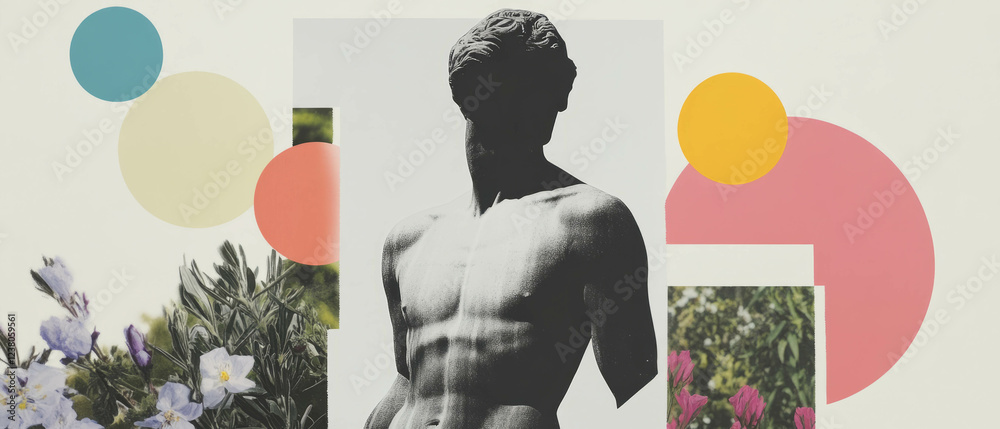 Aufkleber minimalist collage featuring a distorted statue in a floral and geometric composition