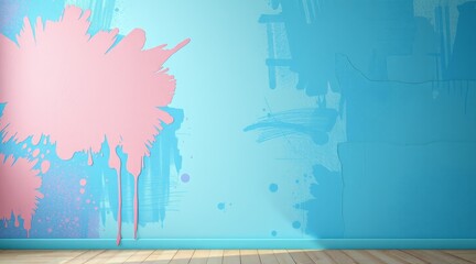 Blue wall with pink paint splash, modern artistic interior design with wooden floor