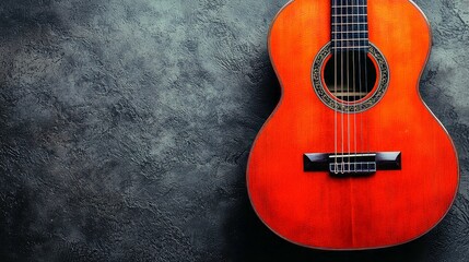 Red Classical Guitar on Dark Textured Background: A Musical Still Life