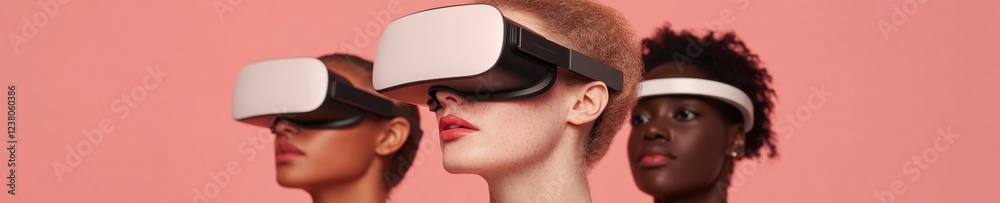 Poster immersive vr exploration diverse group in lightweight headsets against minimalist coral backdrop - f