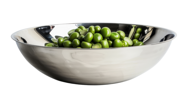 Stainless steel bowl overflowing with fresh green peas on transparent background