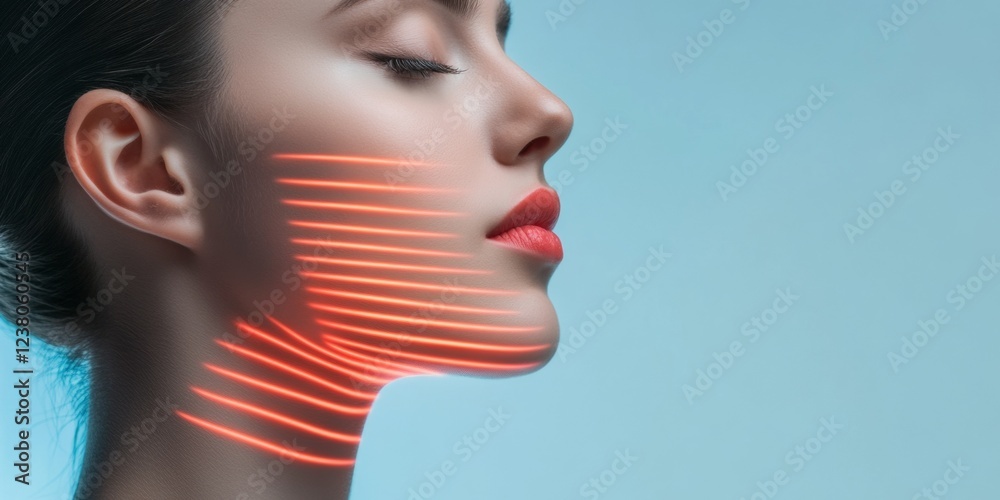 Poster Futuristic VR Face Scan Digital Integration of AI on Model with Sleek Light Lines - Innovative Tech Imagery for Cutting-Edge Marketing and Advancements in AI-Powered Beauty Solutions