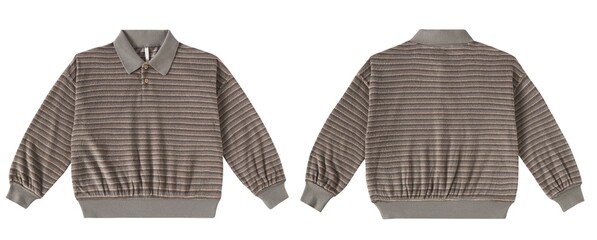 Striped oversize knit sweater or pullover on hanger. Composition of clothes. Banner concept. Trendy...