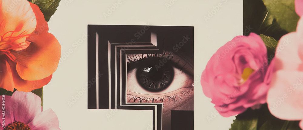 Poster exploring perception through geometric patterns and floral elements in a minimalist collage