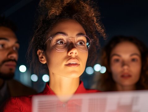 Biophilic Energy Meetup Diverse Young Professionals in Business Casual Examining Solar Panel Blueprints - Community-Driven Sustainability in Modern Coworking Spaces