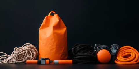 Crisis-Ready Gear Display Tactical Equipment and Medical Supplies in Modern Orange Aesthetic - Emergency Response Optimization and Safety Preparedness for First Responders