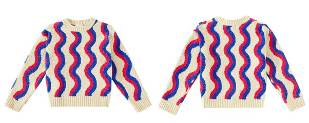 Striped oversize knit sweater or pullover on hanger. Composition of clothes. Banner concept. Trendy...